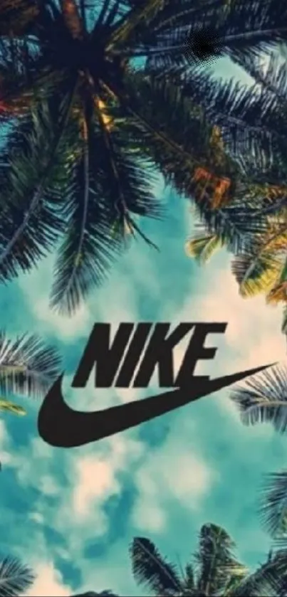 Tropical Nike wallpaper with palm trees and blue sky.