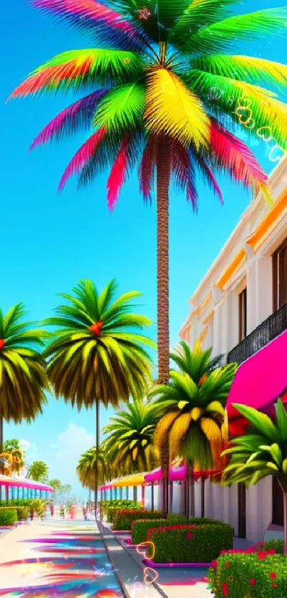 Colorful palm-lined tropical street wallpaper.