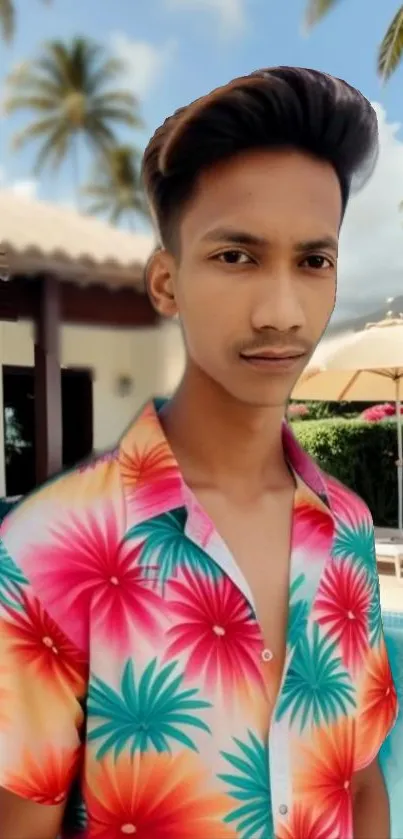 Colorful tropical shirt poolside with palm trees.