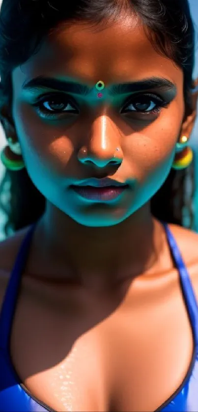 Portrait of a woman in a blue bikini with turquoise background.