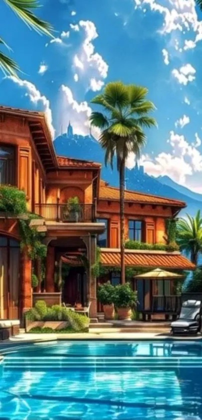 Tropical villa with pool and palm trees under clear blue sky.