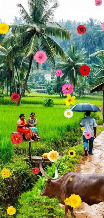 Tropical village with lush green fields, palm trees, and peaceful rural life.