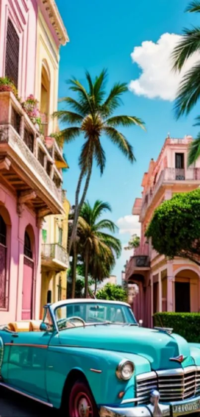 Vintage car on a vibrant street with palm trees and colorful buildings.