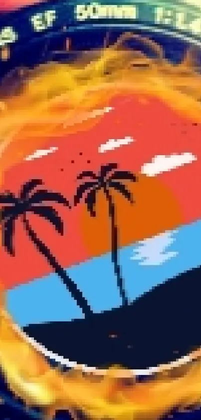 Hand holds camera lens showing tropical beach scene in autumn setting.