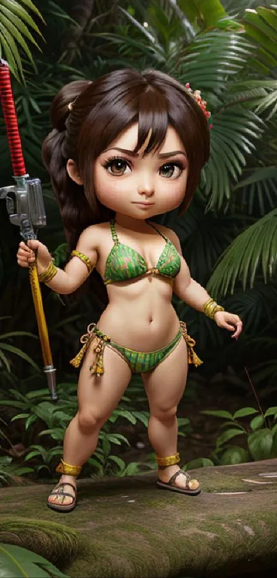 Cute warrior doll in tropical jungle wallpaper.