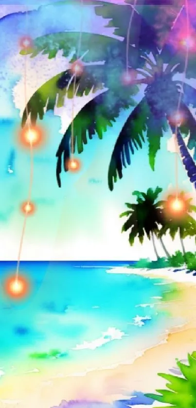 Vibrant watercolor beach scene with palm trees and ocean.