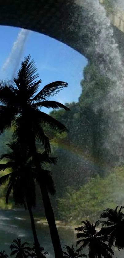 Tropical waterfall and arch bridge with palm trees.