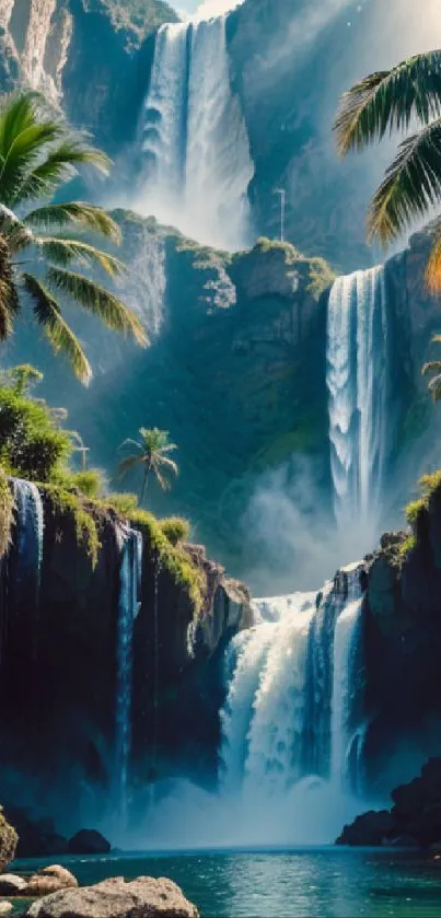 Tropical waterfall scene with lush palms and serene waters.