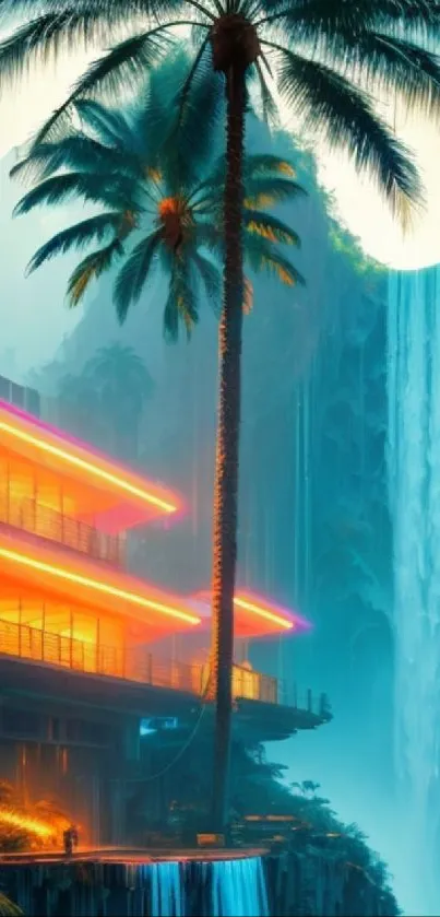 Tropical waterfall wallpaper with neon lights and palm trees.