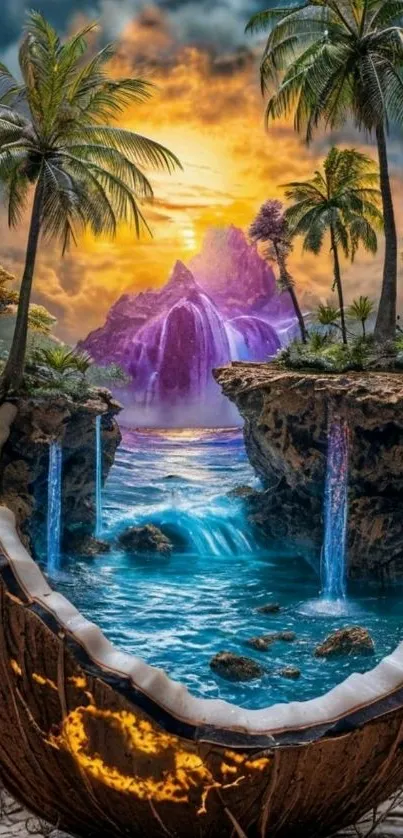 Fantasy tropical wallpaper with waterfalls and palm trees.