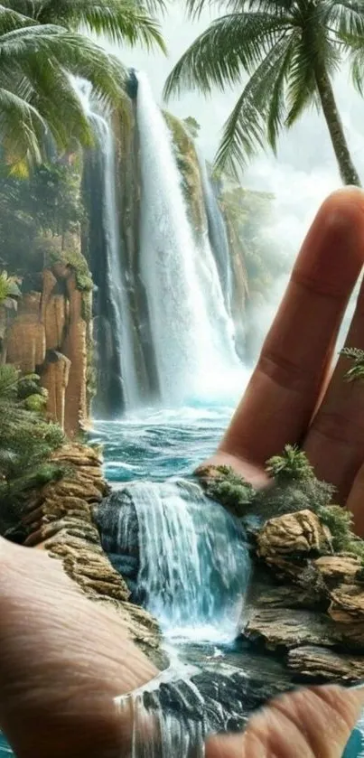 Tropical waterfall blending into a hand, creating a surreal artistic image.