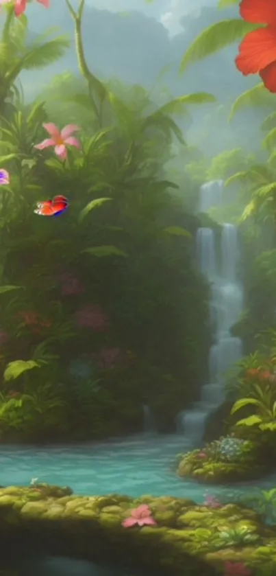 Mobile wallpaper with tropical waterfall and butterflies.