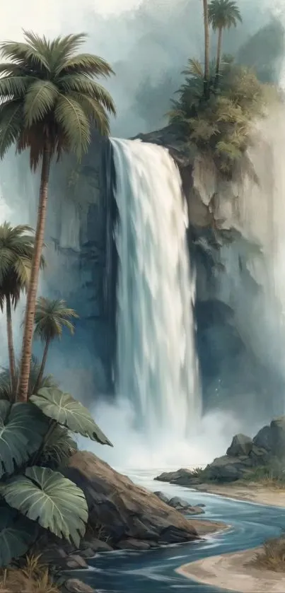 Tropical waterfall with palm trees and a serene river.