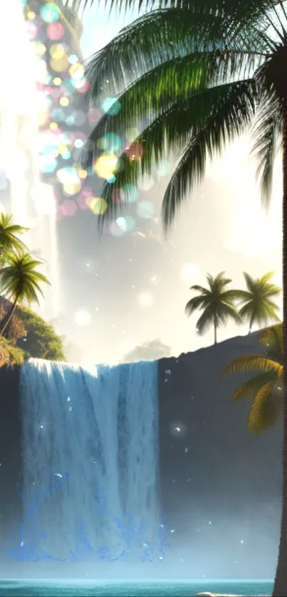 Serene tropical waterfall with lush palm trees and vibrant greenery.
