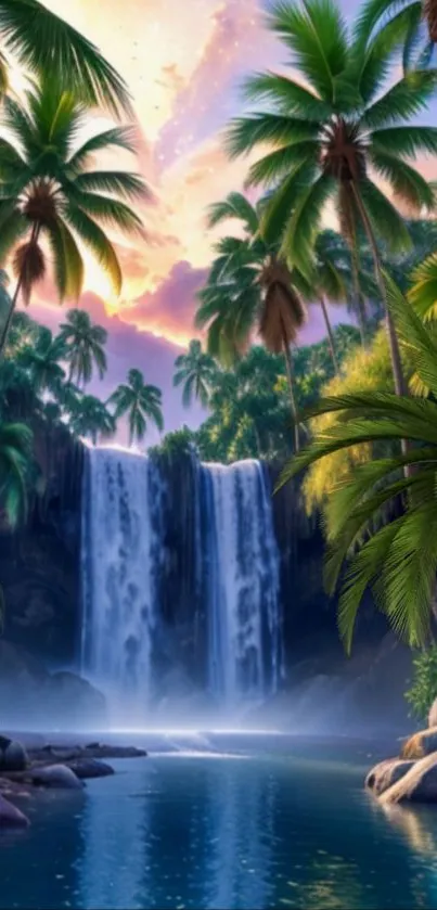 Tropical waterfall surrounded by lush greenery and palm trees.