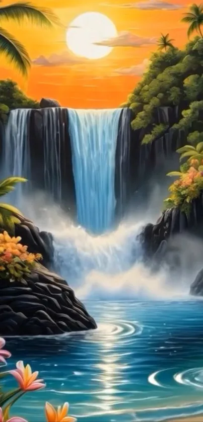 Tropical paradise with waterfall and vibrant sunset.