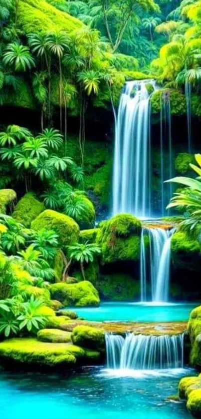 Lush tropical waterfall with vibrant greenery and cascading water.