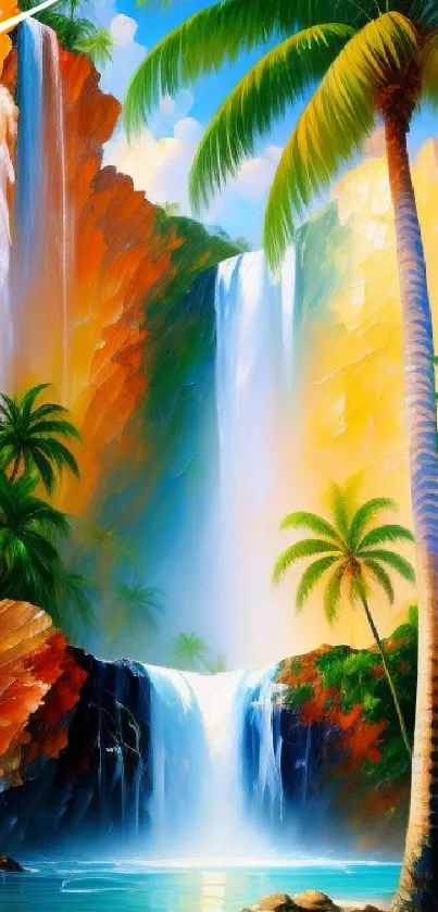 Colorful tropical waterfall with palm trees.