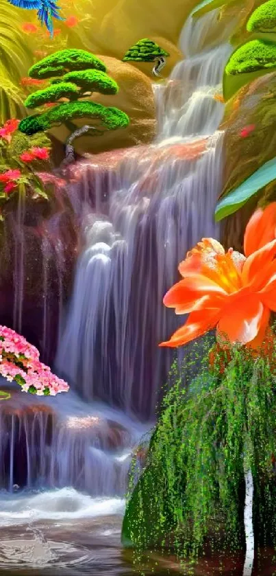 Vibrant tropical scenery with waterfall and colorful flowers.