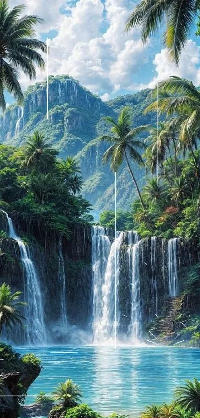 Tropical waterfall scene with lush greenery and blue sky.