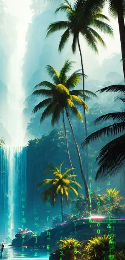 A tropical waterfall cascades into a peaceful blue pool surrounded by lush greenery and palms.