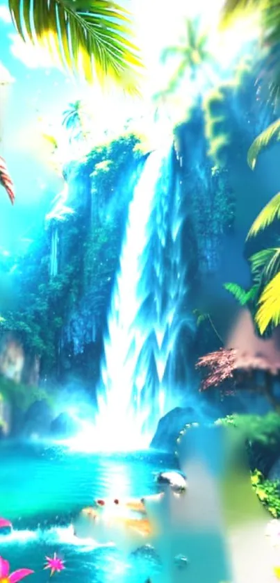 Vibrant tropical waterfall scene with lush greenery and a serene blue lagoon.