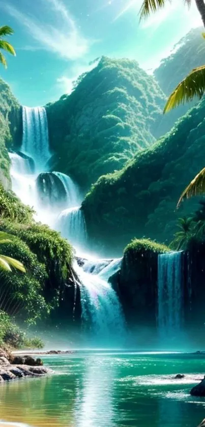 Tropical paradise with cascading waterfall and lush greenery.