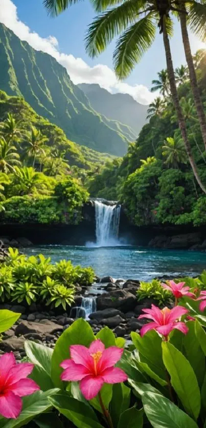 Tropical paradise with waterfall and bright flowers.