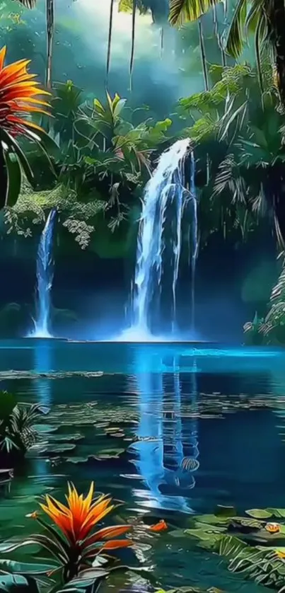 Beautiful tropical waterfall amidst lush jungle scenery.