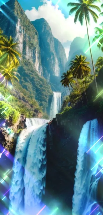 Vibrant tropical waterfall wallpaper with lush greenery and cascading water.