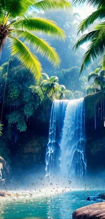 Tropical waterfall with lush greenery, ideal for nature-themed mobile wallpaper.