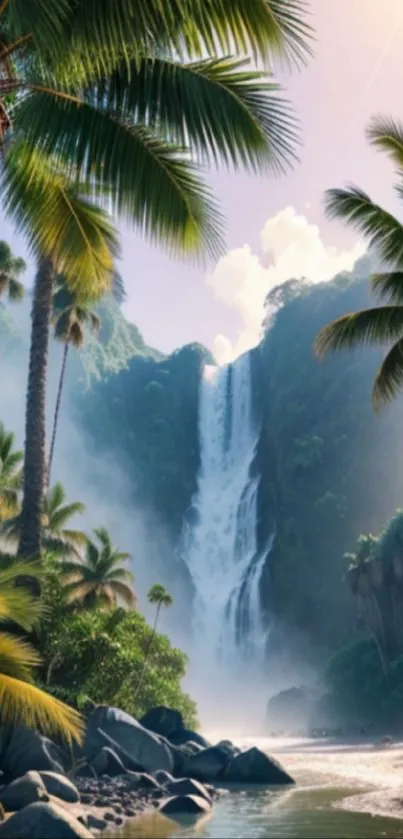 Tropical scene with waterfall and palm trees, perfect for serene phone wallpaper.