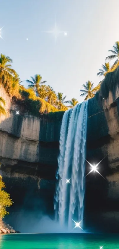 Scenic mobile wallpaper of a tropical waterfall amidst palm trees.