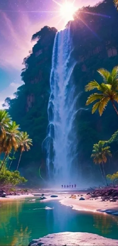 Tropical waterfall with lush green scenery and a bright sunset.