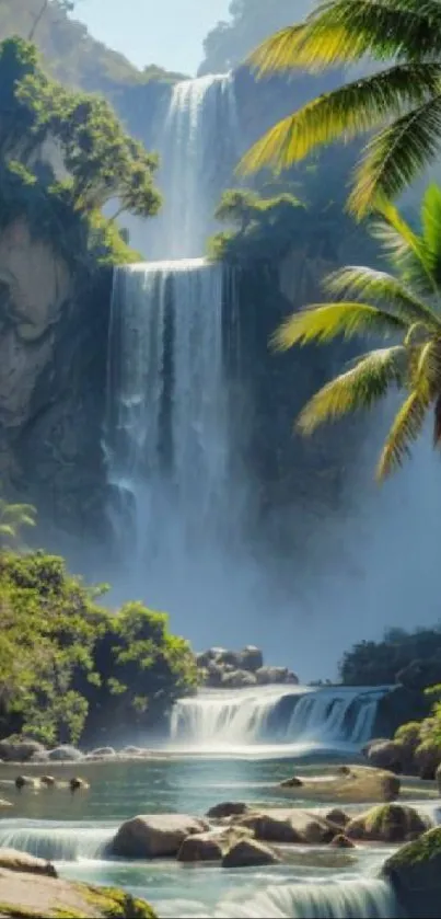 Lush tropical waterfall with cascading waters amidst green foliage.