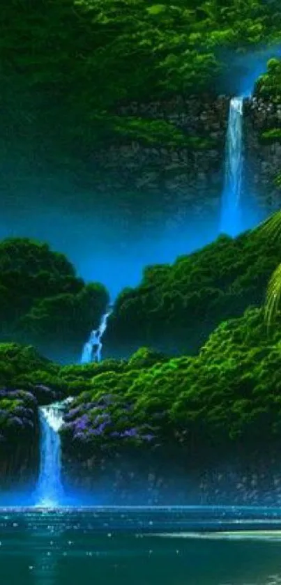 Tropical waterfall scene with lush greenery and serene water.