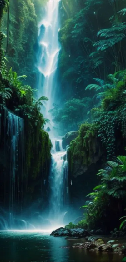 Tropical waterfall flowing through lush green jungle, perfect for mobile wallpaper.