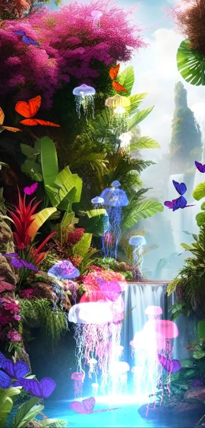 Tropical waterfall with lush, colorful plants and bright greenery.