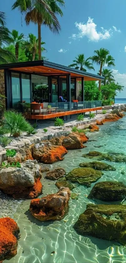 Tropical waterfront with rocks and house view.