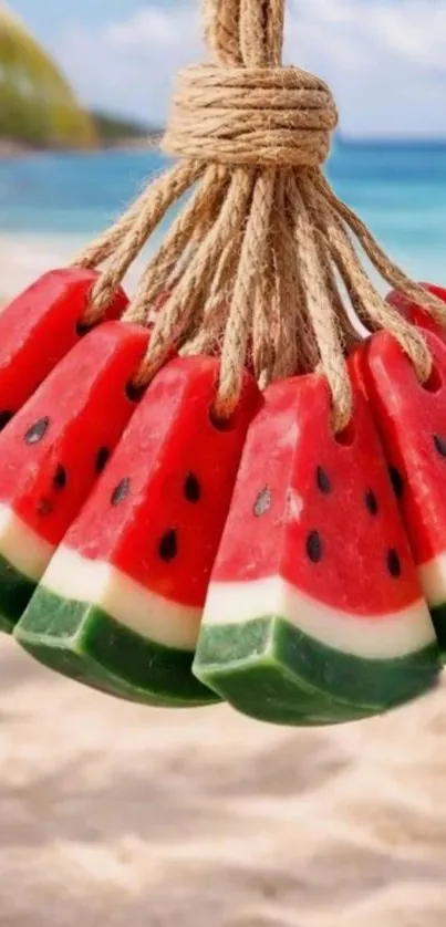 Watermelon-shaped soaps hanging on a beach.