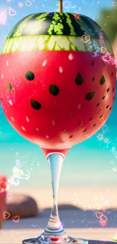 Vibrant watermelon drink with a tropical beach background.