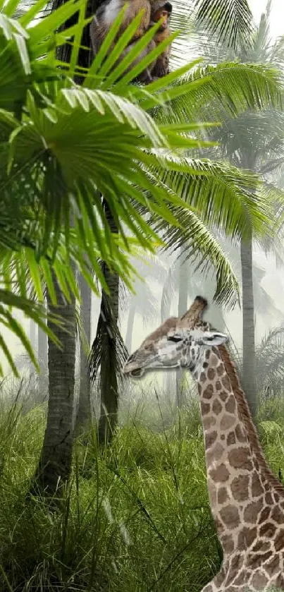 Giraffe and monkey in tropical forest wallpaper, lush greenery