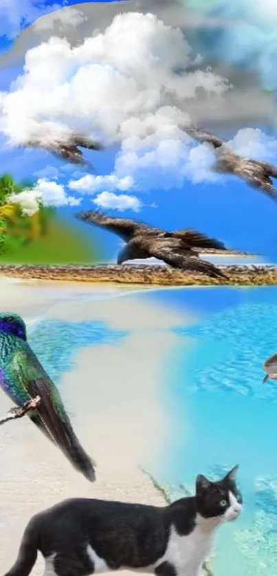 Tropical seascape wallpaper with birds, cat, and clear blue waters.