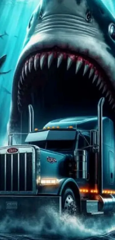 Wallpaper of a truck and shark in an ocean adventure scene.