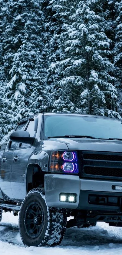 Truck driving through snowy forest landscape with tall trees.