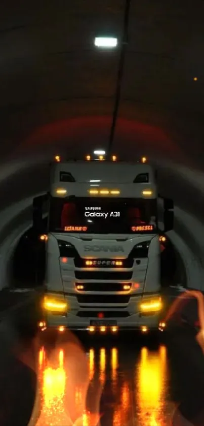 Illuminated truck driving through a tunnel.