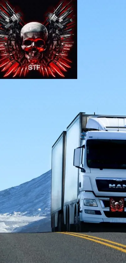 White truck on highway with mountain backdrop and blue sky.