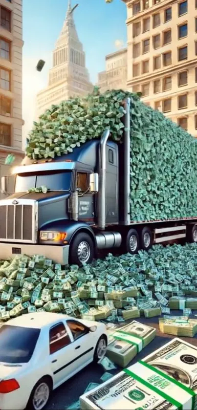 Truck overflowing with money in city street.