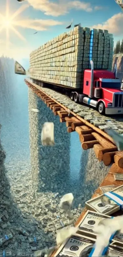 An artistic image of a truck driving over a bridge made of money, under a blue sky.