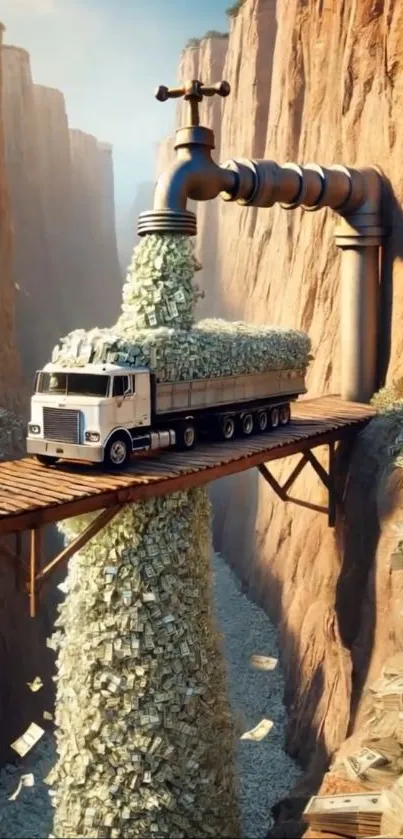 A truck pours money from a giant faucet on a bridge in a surreal canyon setting.